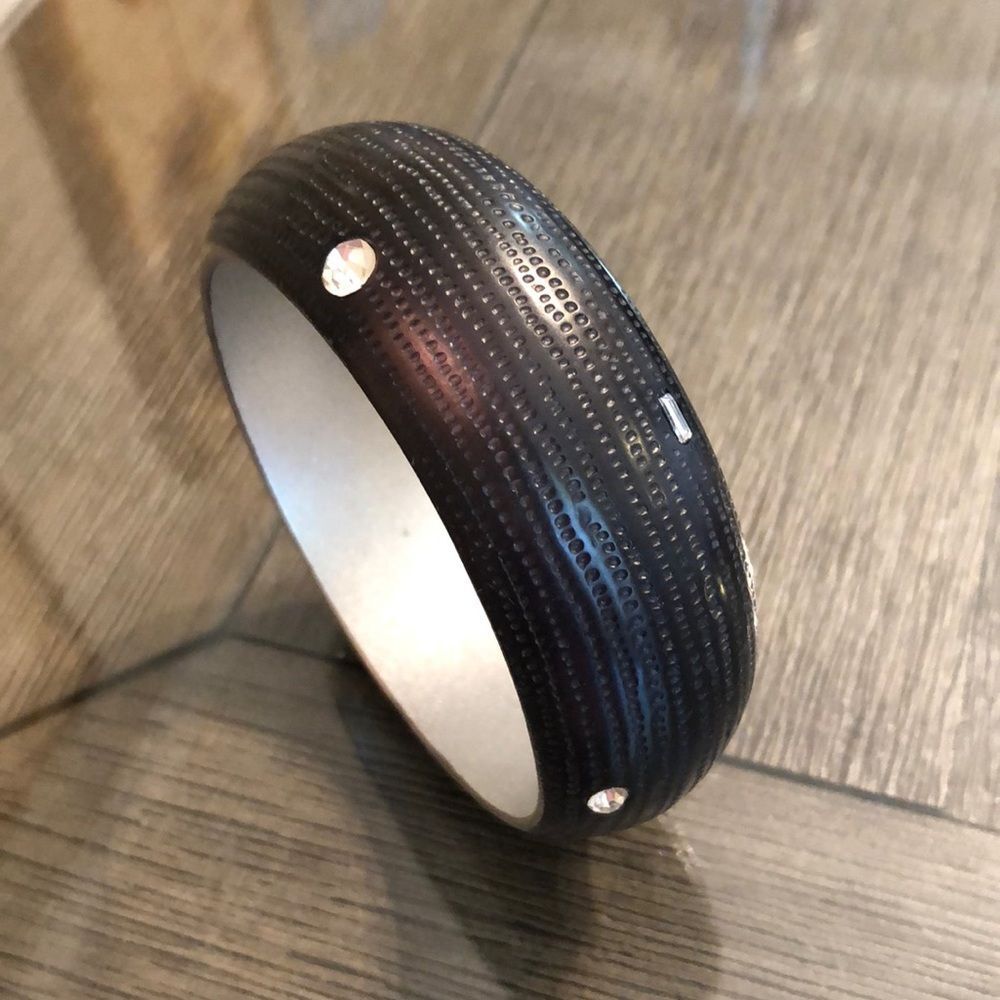 Vintage Black Textured Acrylic Bangle with Cut Glass Rhinestones 9”, approx